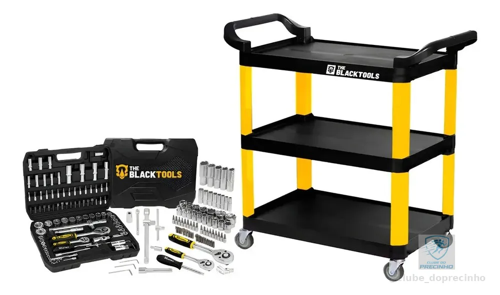 Carrinho Para Ferramentas Organizodor 3 Prateleiras Com Jogo Ferramentas Soquetes Chaves Bits 94 Peças The Black Tools