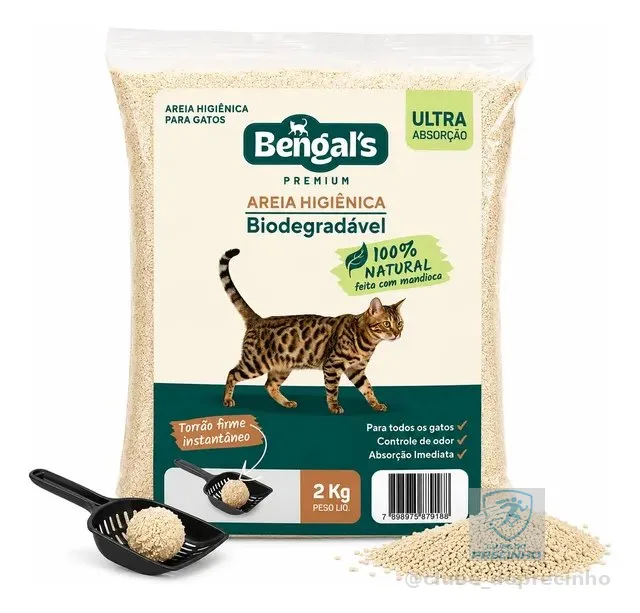 Areia Higiênica Biodegradável Gato Mandioca Fina Bengals 2kg
