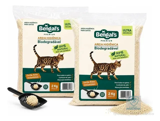 Kit 2 Areia Higiênica Biodegradável Gato Mandioca Fina 2kg