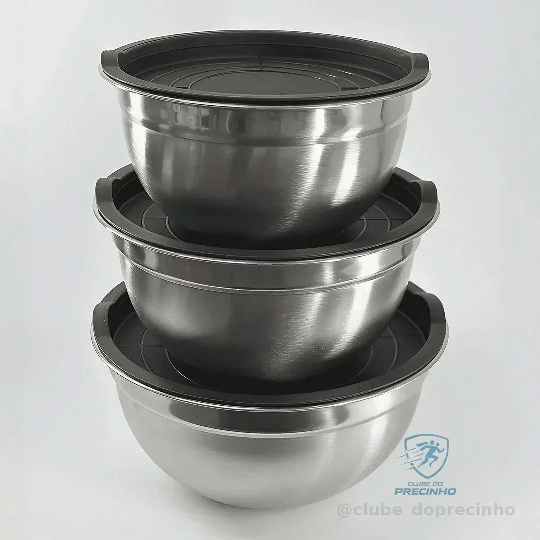 Conjunto De Bowls Tigela Inox Com Tampa Plástica Bumper Cinza