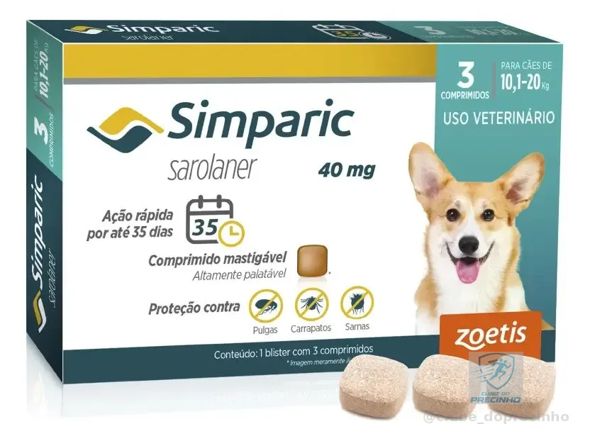 Simparic 40mg Antipulgas e Carrapatos Cães de 10,1 a 20kg com 3 Comprimidos