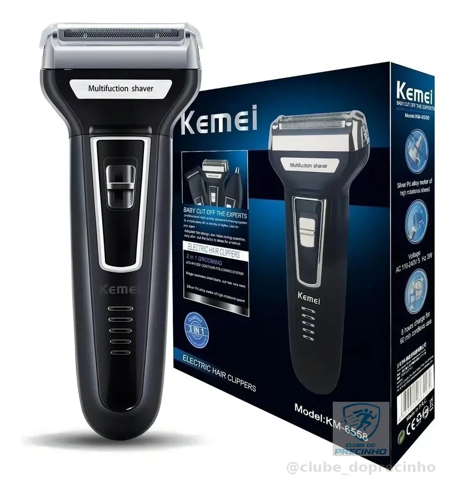 Aparador Barbeador Kemei KM-6558 Recarregável 3 Em 1 Cabeças Removíveis Bivolt