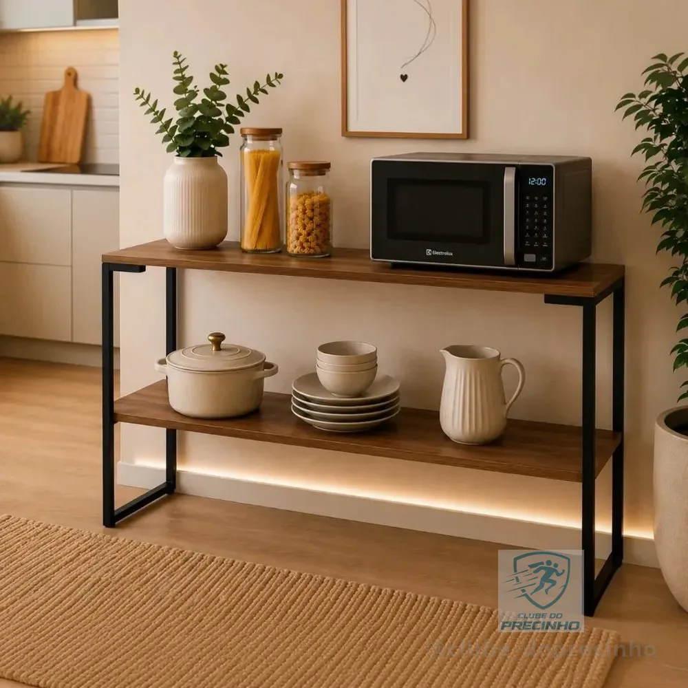 Balcão Multiuso Aparador De Cozinha Suporte Para Microondas Nature / Preto