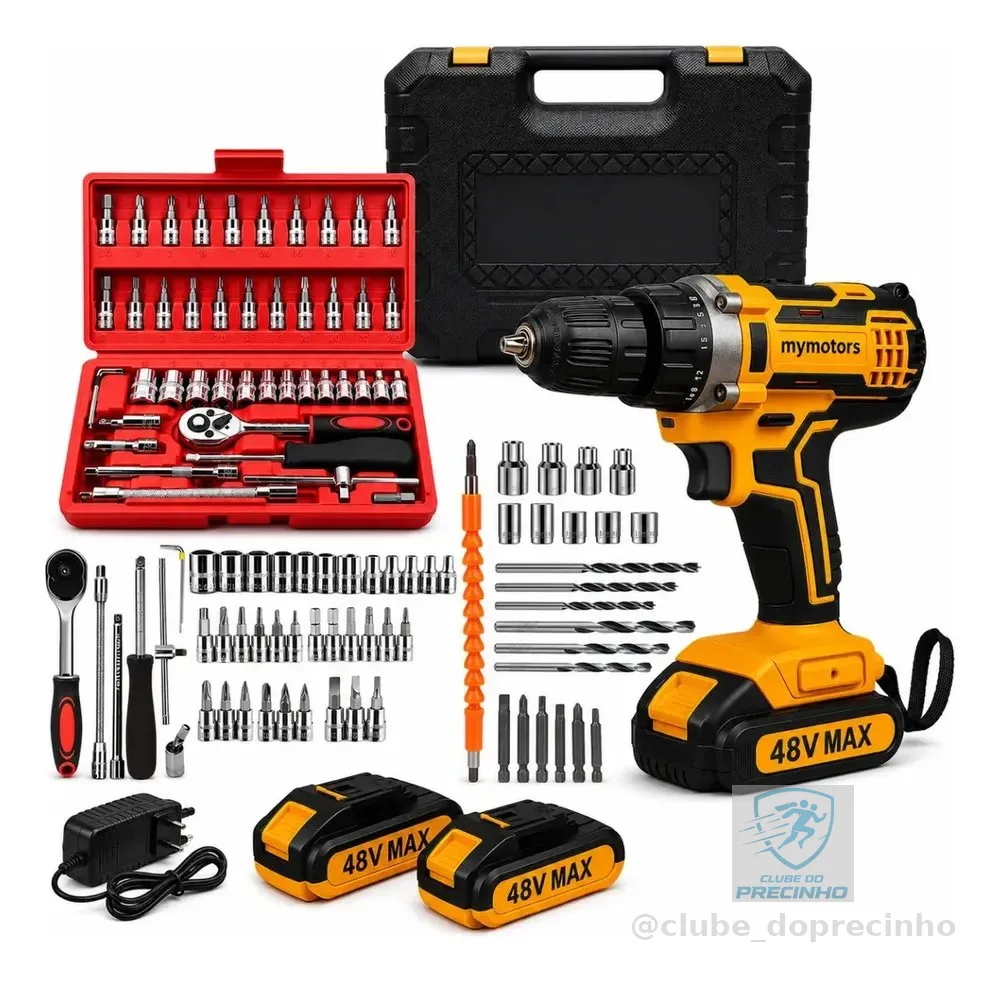 Parafusadeira Furadeira De Impacto 2 Baterias + Kit 46 Peças Amarelo 127/220v 50hz/60hz