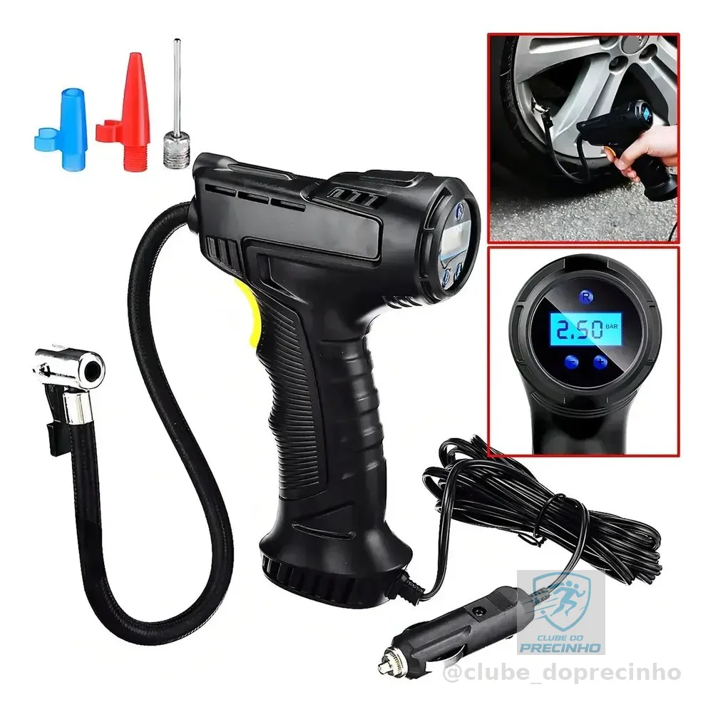 Bomba Compressor De Ar 120w Digital Encher Pneus Carro Moto Cor Preto