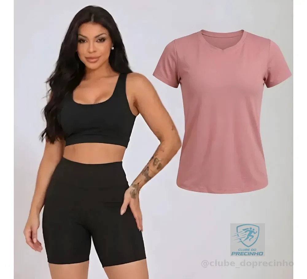 Kit Conjunto Fitness Feminino + Camiseta Roupa Academia Rosa