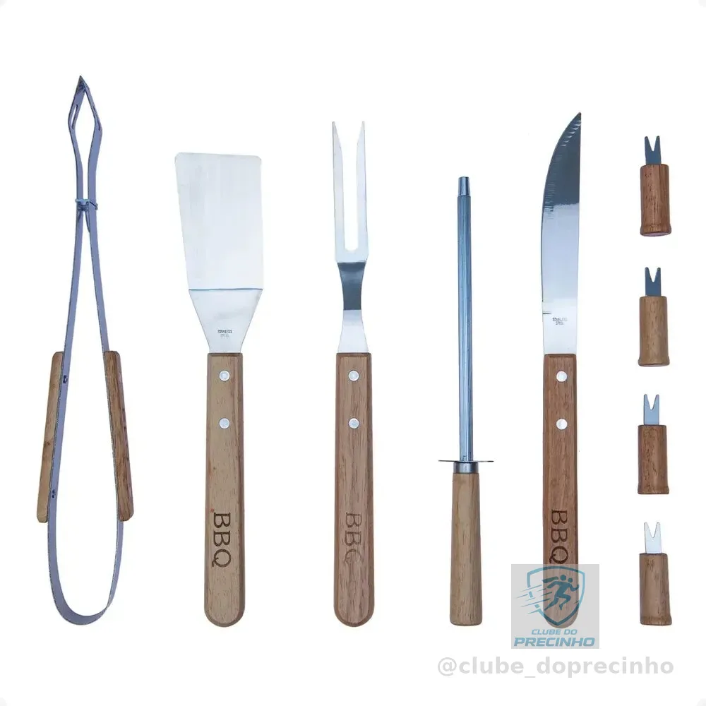 Kit Churrasco Inox Madeira 9 Pcs Bolsa Utensilios