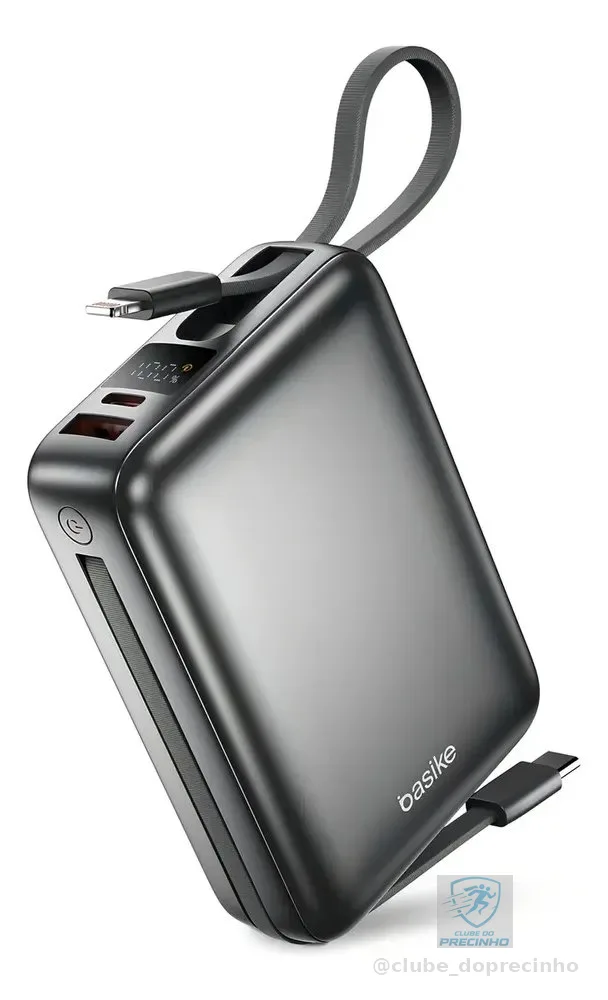 Carregador Portátil Power Bank Basike 20000mAh 22.5W Rápido Cabos Embutidos Tipo C iPhone Samsung