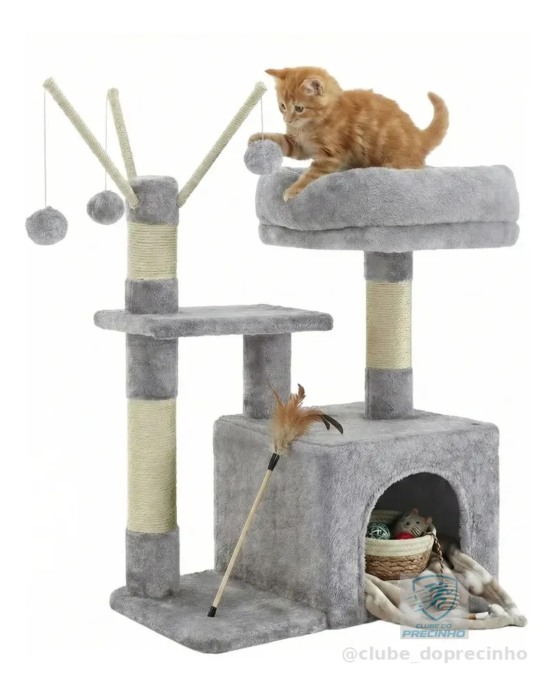 Arranhador Para Gatos Pequeno, Casa De Gato Com 3 Pompons Cinza