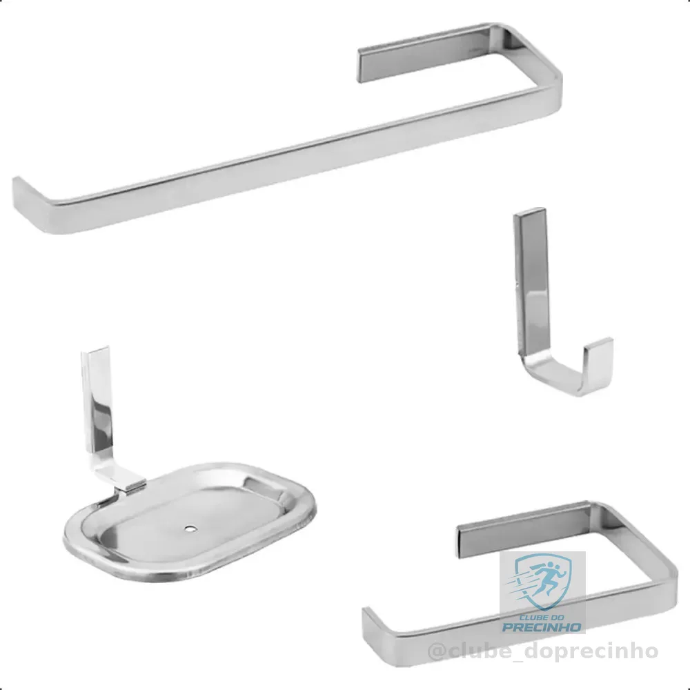 Kit Acessorio Para Banheiro Com 4 Peças Quadrado Todo Metal Prateado