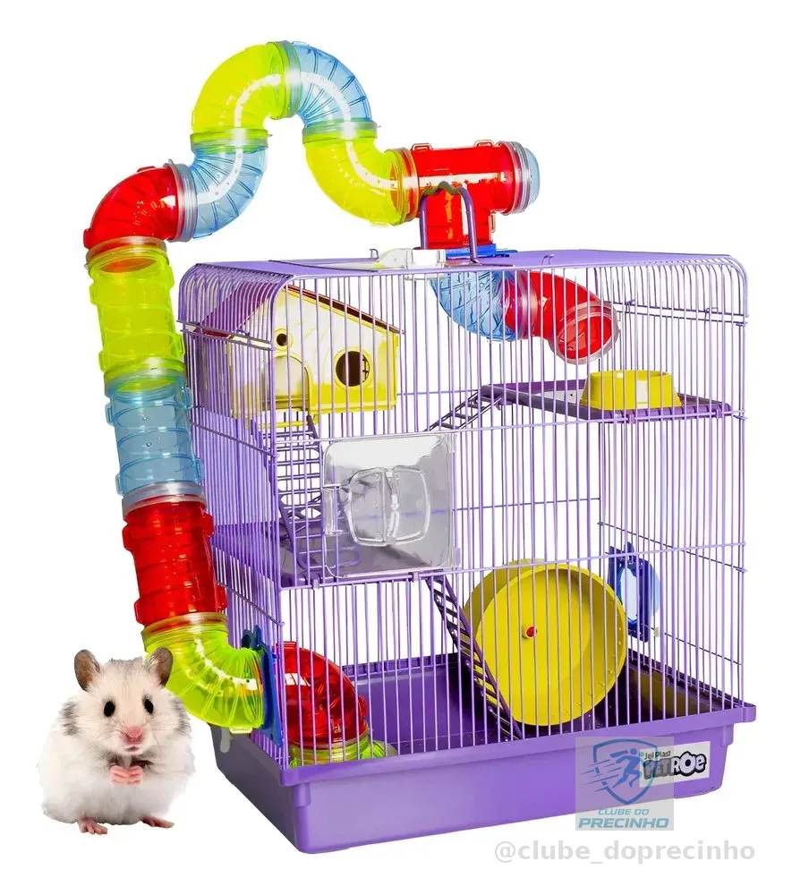 Gaiola De Hamster C/ Casa Grande Completa 3 Andares Tubo Lilás