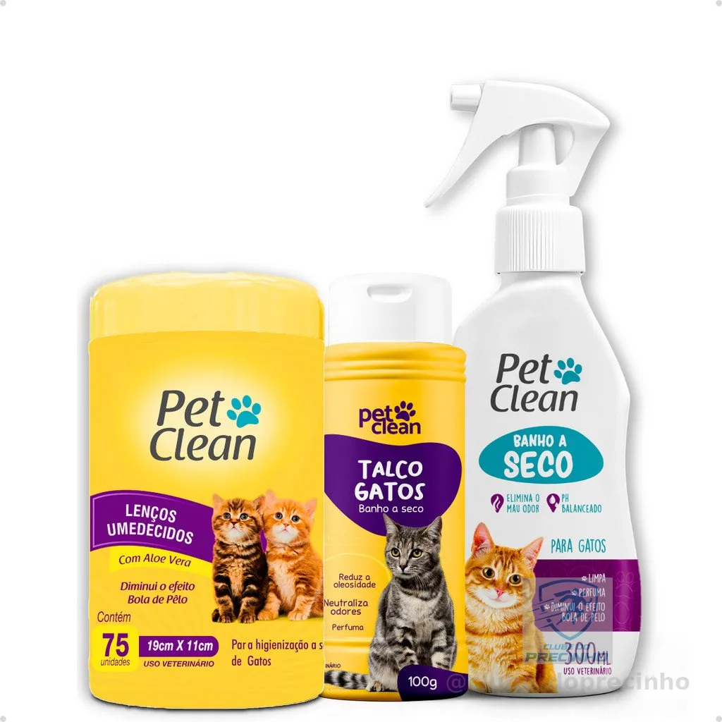 Kit Banho a Seco Gatos 300ml Pet Clean + Lenço Umedecido Gato 75 unids + Talco Pet Clean 100g Gatos