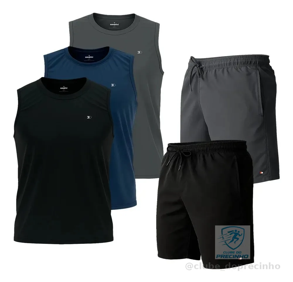 Kit 5 Pçs 3 Camisas Regata Dry-fit Sandrini +2 Short Tactel Sortidos Logo M Lisa