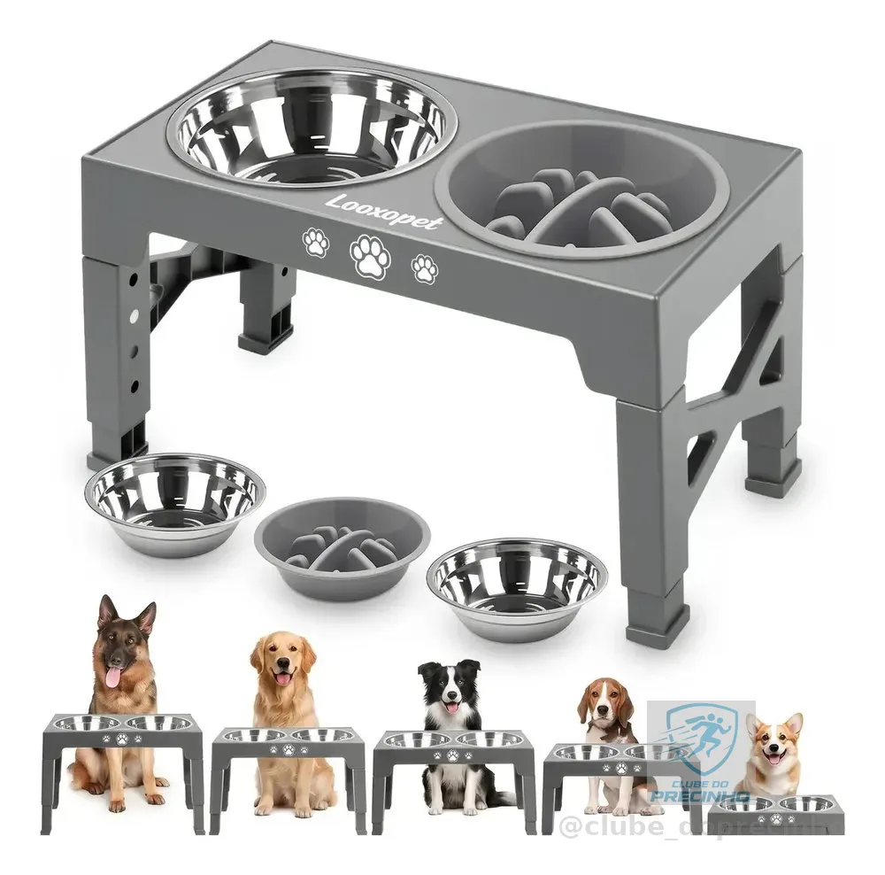 Comedouro Bebedouro Elevado Cães Duplo Lento Inox Grandes Ajustável Looxopet Cinza