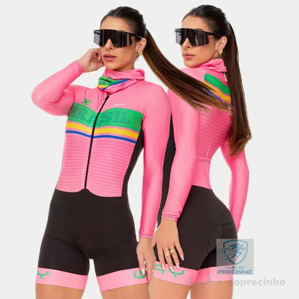 Macacão Ciclismo Feminino Brasil Copa Forro Gel Macaquinho Brasil Rosa Manga Longa G