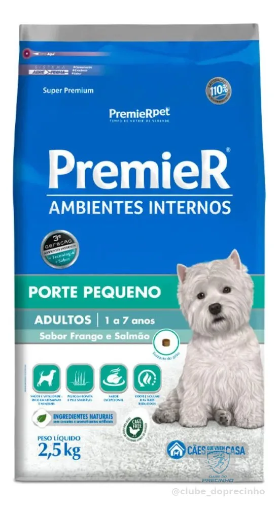 Ração Premier Ambientes Internos Cães Adultos Raças Pequenas Frango e Salmão 2,5 kg