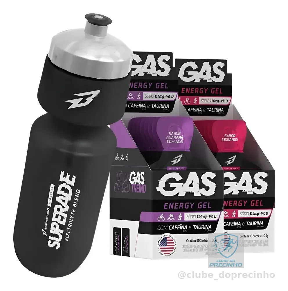 2x Caixas Gas Energy Gel 20 Sachês + Squeeze Bodyaction Guaraná Com Açaí/morango