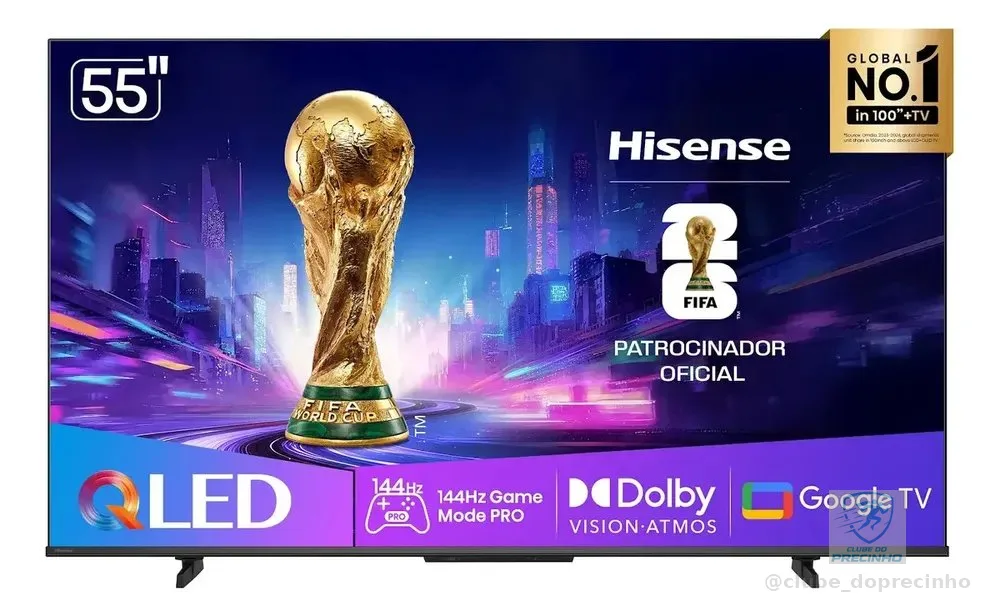 Hisense Smart TV UHD 4K QLED 55" Polegadas 55Q7QG Google TV Modo Jogo Pro 144 Hz, AMD FreeSync Premium, Dolby Vision Atmos e Compatível com Alexa