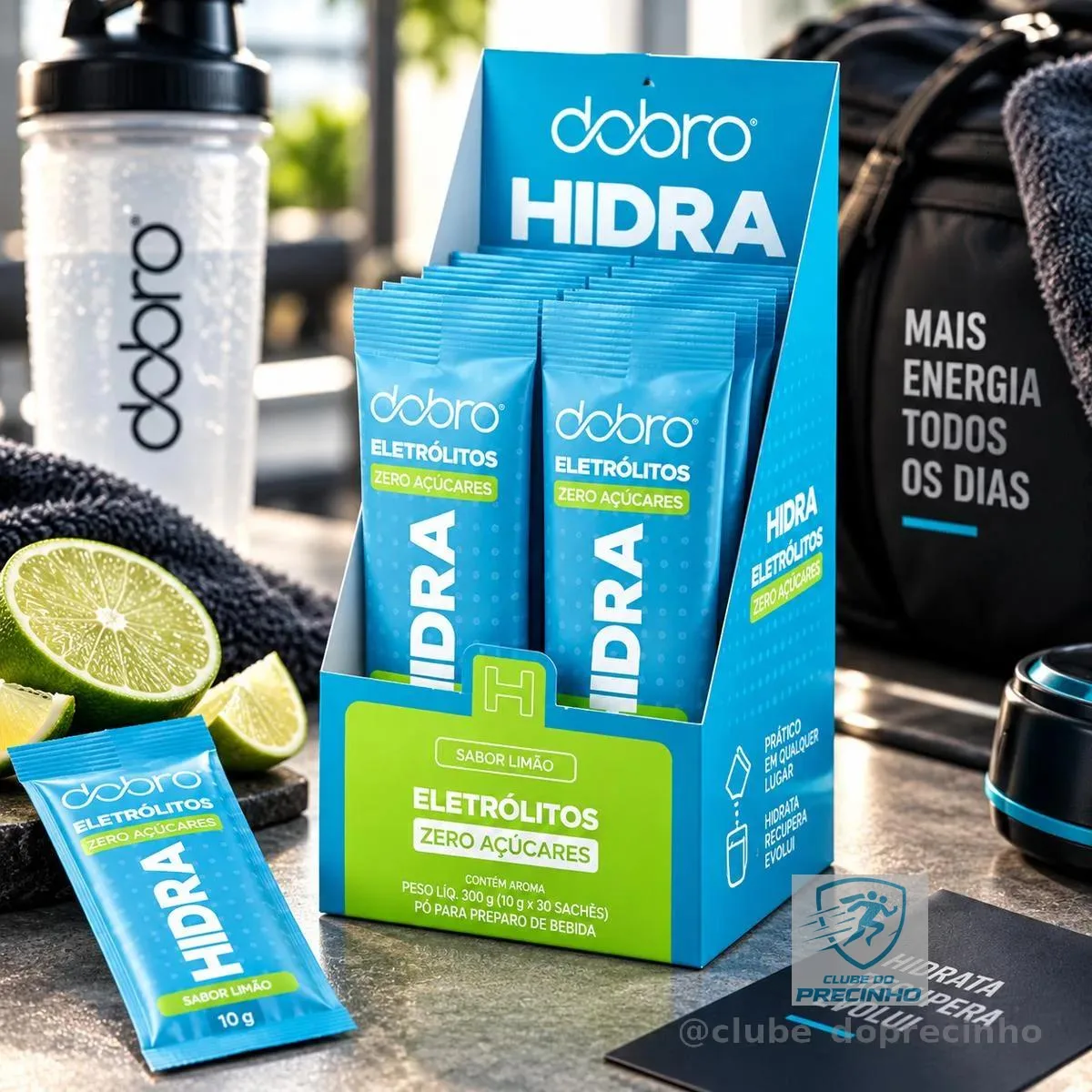 Eletrólitos, Dobro, Hidra, Suplemento em Pó, Eletrólitos Essenciais com Vitaminas, Sabor Limão - 10 Sachês de 7g
