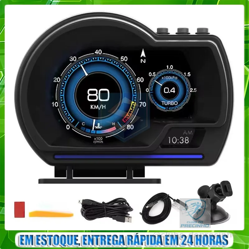 P6 OBD2 Carro Head Up Display HUD Inteligente Água & Óleo Temperatura Turbo RPM Medidor Monitoramento Condução