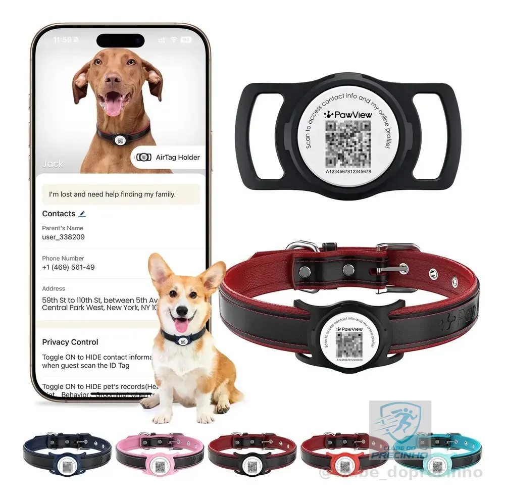 Coleira de Couro para Cães com Plaquinha QR e Capa para AirTag - PawView, Preta