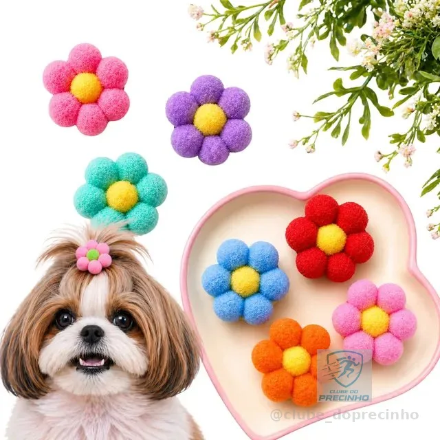 40 Florzinha Pet Pompom, Laço Pet  Florzinha Pom Pom Pet