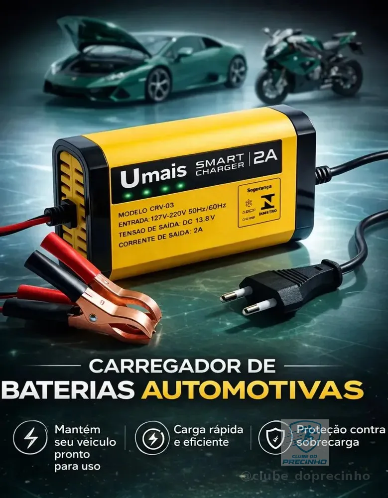 Carregador De Bateria Automotiva Inteligente 12v Portátil Bivolt 110/220v Para Carros Motos E Veículos
