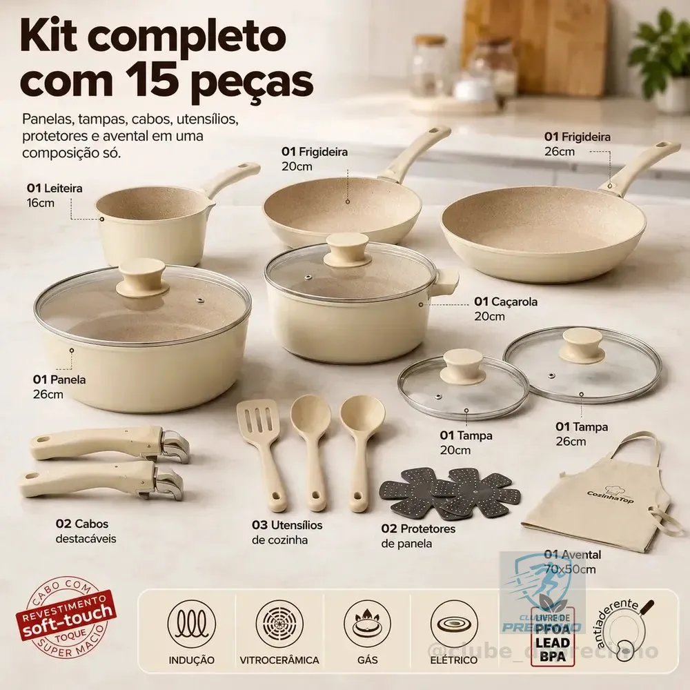 Jogo de Panelas 15 Peças Cozinha Top de Cerâmica, Antiaderente e com Cabo Removível para Indução