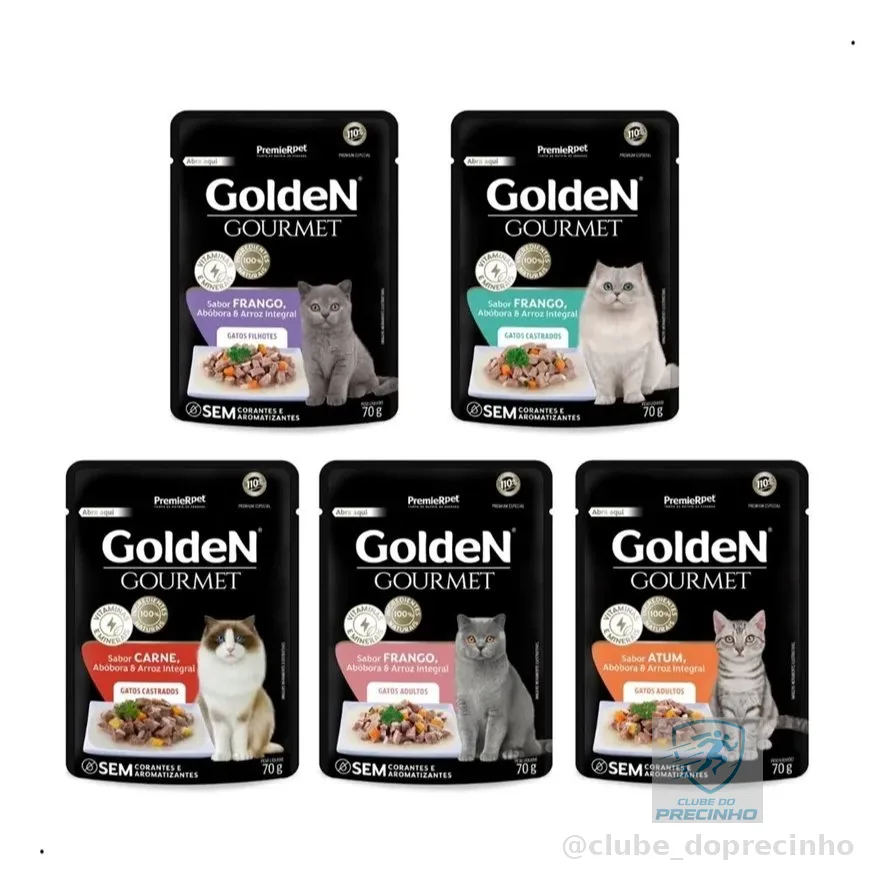 Sachê Golden Gourmet p/ Gatos - Caixa c/ 20 un 70g– Alimento Úmido de Sabores Diversos - Validade Longa