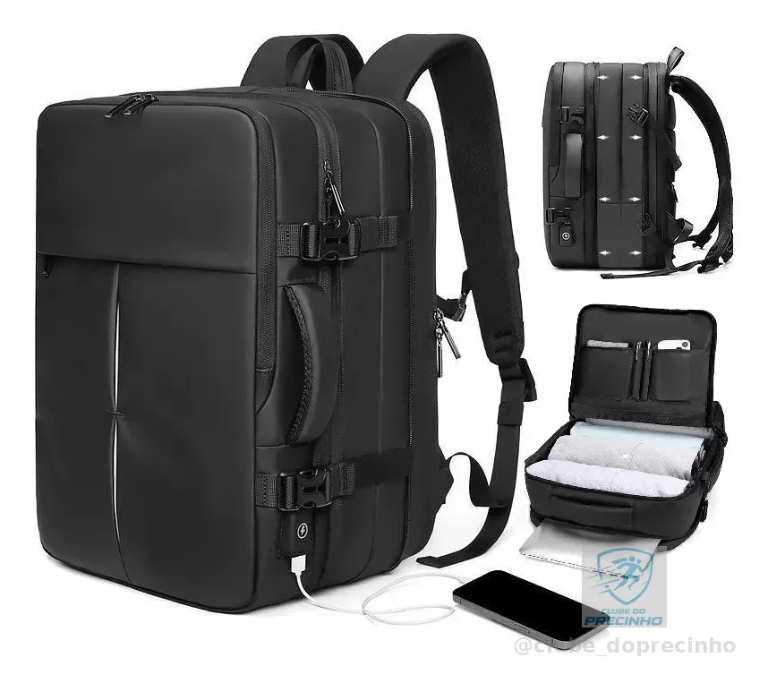 Mochila Notebook 45l Impermeável Escolar Feminina Masculina Preto Liso