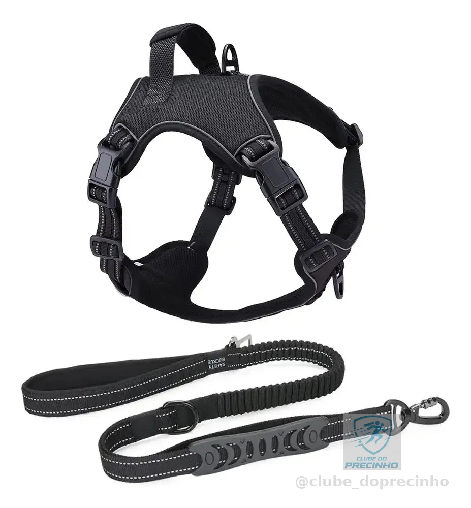 Coleira Peitoral Antipuxão Cães Madog Power + Guia Cinto Preto Xg