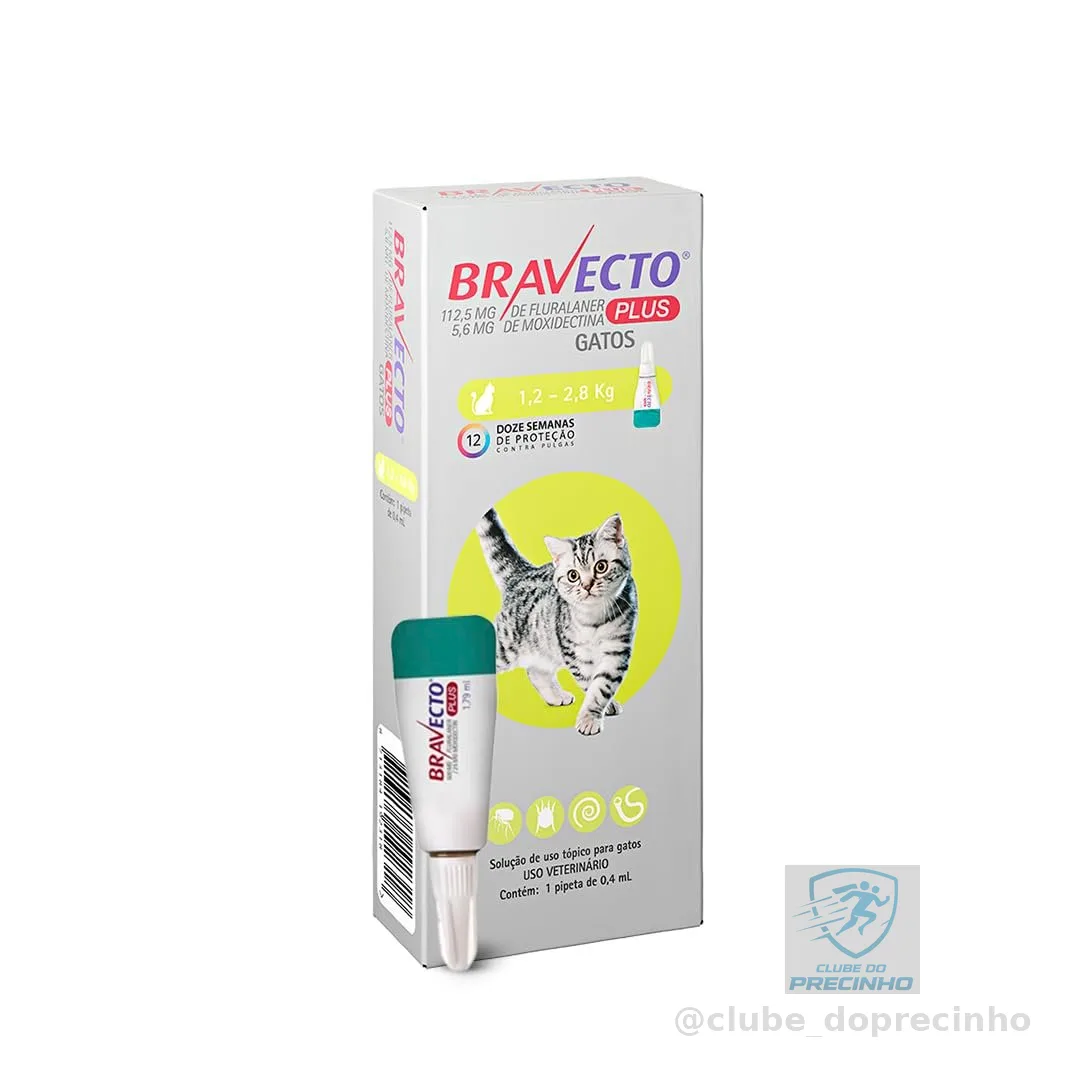 Bravecto® Plus Gatos Transdermal112,5mg - Antipulgas, Sarna de ouvido, Vermes intestinais - Gatos de 1,2 a 2,8kg - 1 Pipeta 0,4ml - MSD Saúde Animal