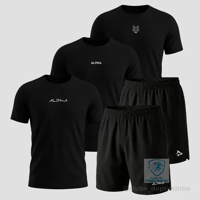 Kit 5 Peças All Black Dry 3 Camisetas E 2 Bermudas Alpha