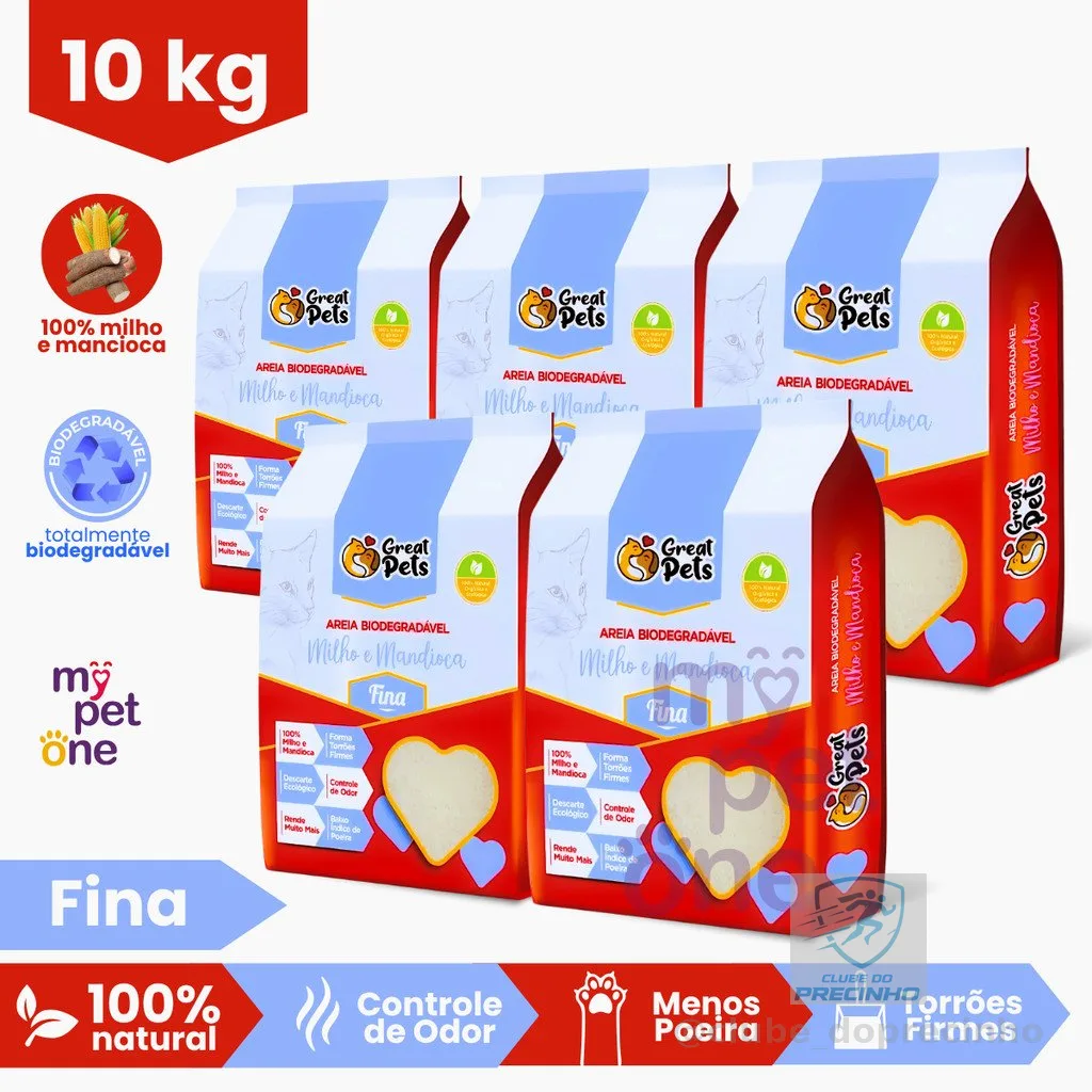 Kit 5 Areia Biodegradável Fina Great Pets - 2 Kg