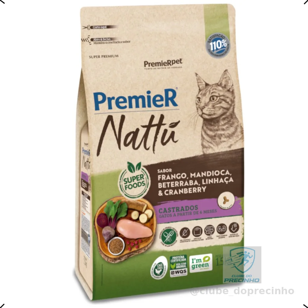 RAÇÃO PREMIER NATTU GATO CASTRADO MANDIOCA 7,5KG