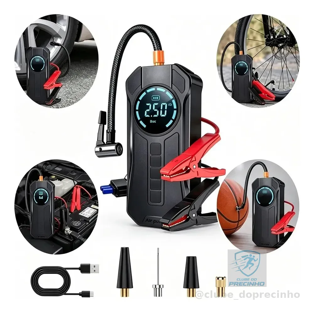 Compressores Ar Calibrador Portatil Digital Bomba Encherpneu Auxiliar De Partida Compressor Digital Hold On Bomba De... 12v 60hz Preto Bifásica
