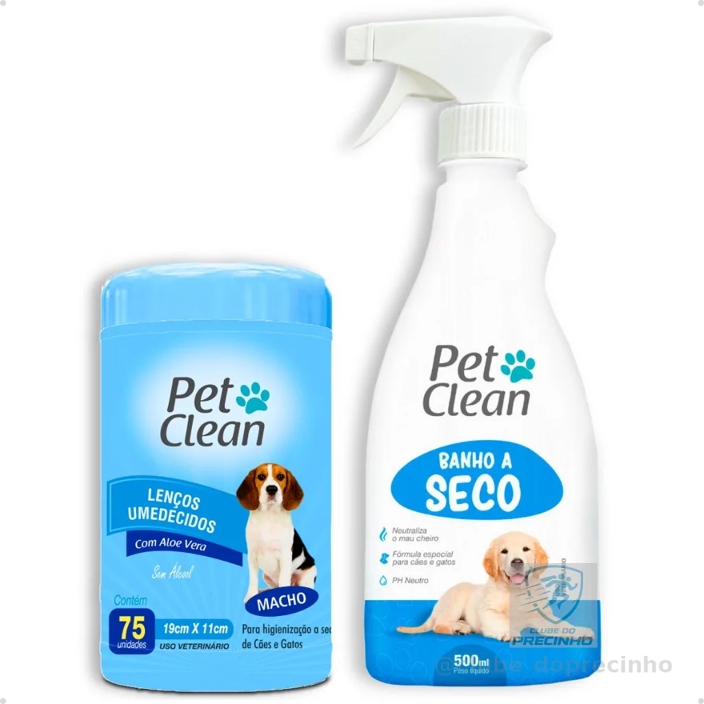 Kit Banho a Seco + Lenço Umedecido para Cães e Gatos Banho Sem Enxágue Pet Clean