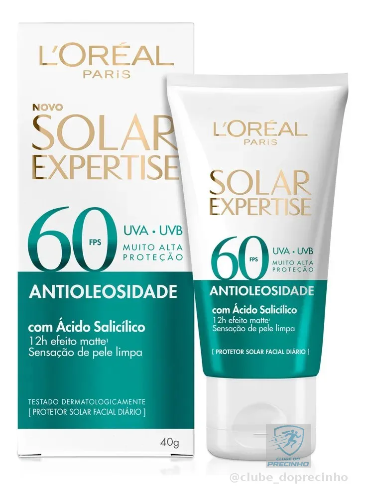 Protetor Solar Facial Antioleosidade FPS60, Controle de Oleosidade por 12h, Efeito Matte Sem Cor, Solar Expertise L'Oreal Paris, 40g