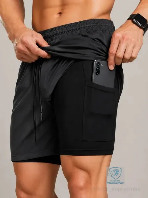 Short Duplo 2 Em 1 Para Corrida Bolso Interno Proteção Uv20+