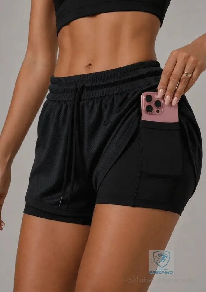 Shorts Feminino Duplo Bermuda 2 Em 1 Compressão Academia Preto P
