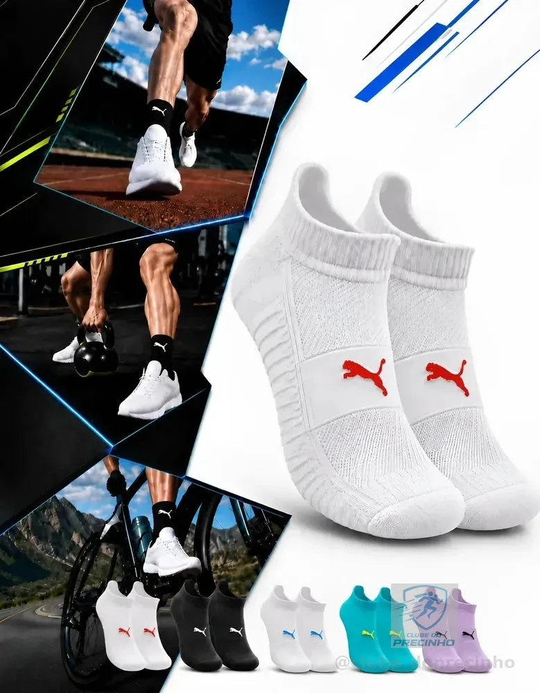 Meia Puma Poliamida Esportiva Corrida Academia Soquete Branco Com Vermelho Liso M (34-39)