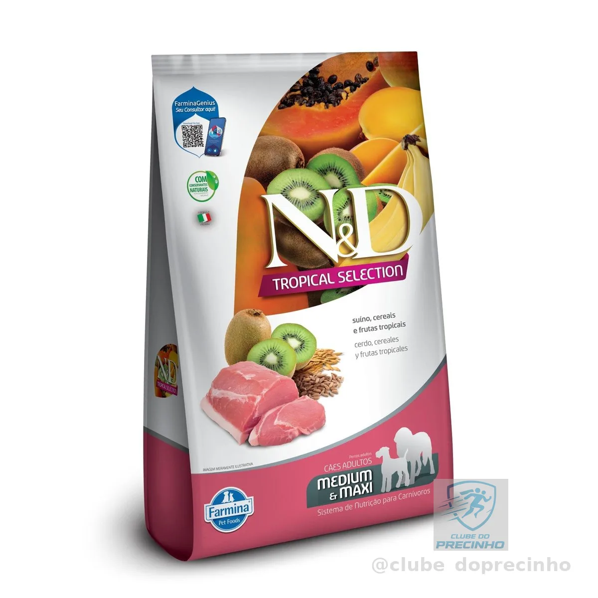 Ração Seca N&D Tropical Selection Suíno, Cereais e Frutas Tropicais para Cães Adultos de Raças Médias e Grandes 2Kg + 500g