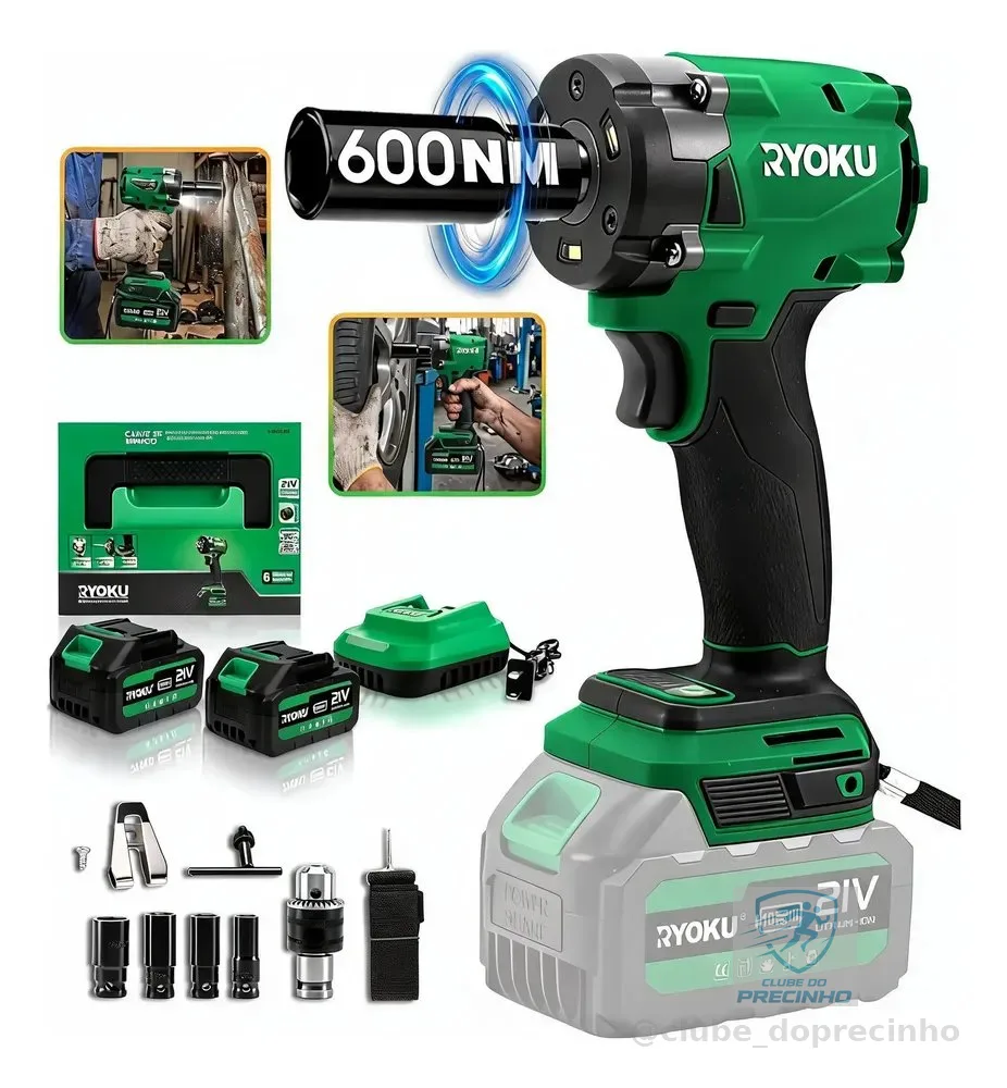 Chave De Impacto Brushless 600nm 21v Com 2 Baterias Ryoku Verde 127/220v