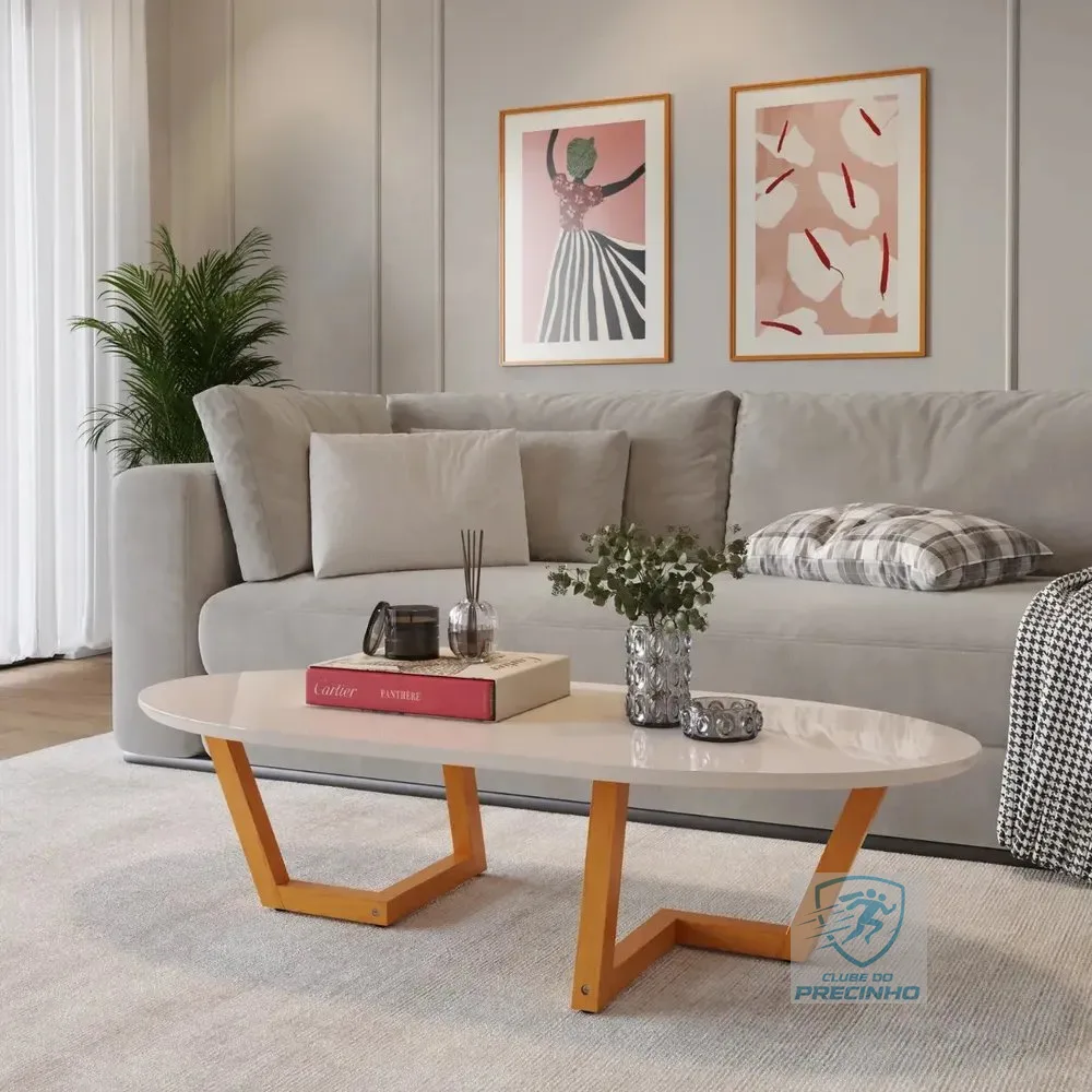Mesa De Centro Lateral Apoio Sala Oval Pé Madeira Decorativa Off White