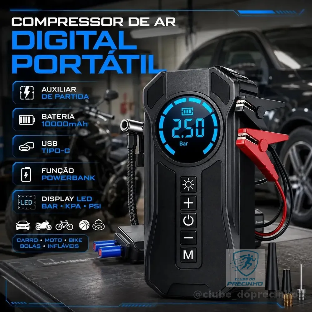 Mini Compressor De Ar Portátil Bateria Emergência Ignição Automotiva Potente Preto Compacto