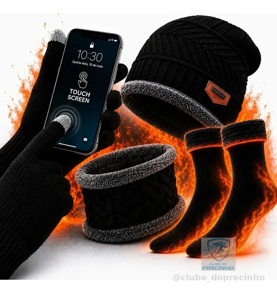 Kit De Frio Touca Gorro Luva Cachecol Meia Térmica Quente Preto Un Liso