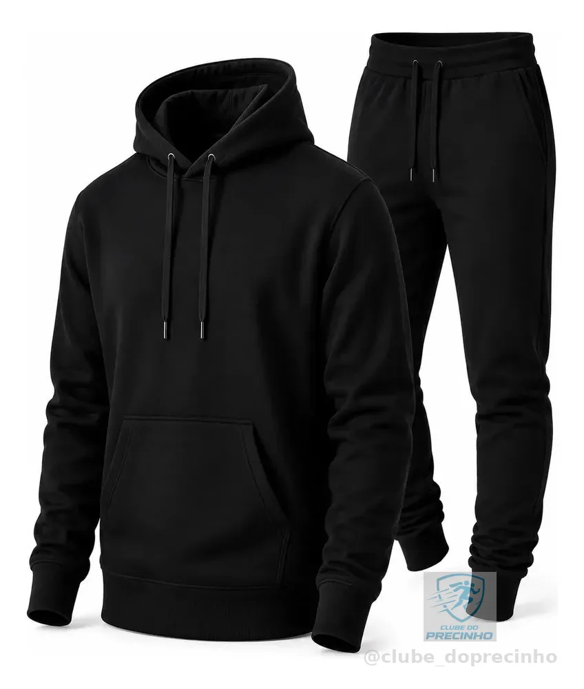 Conjunto Calça E Blusa De Moletom Liso Masculino Unissex G Preto