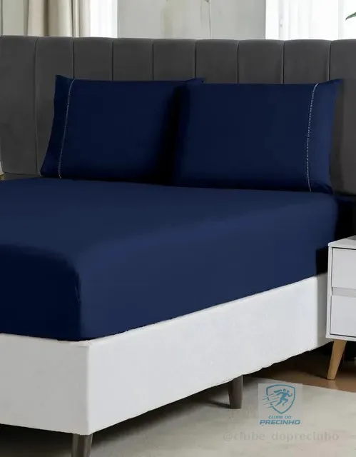 Jogo Lençol Casal 3pç 400 Fios Hipercal Conforto Macio Cor Azul-marinho Desenho Do Tecido Liso