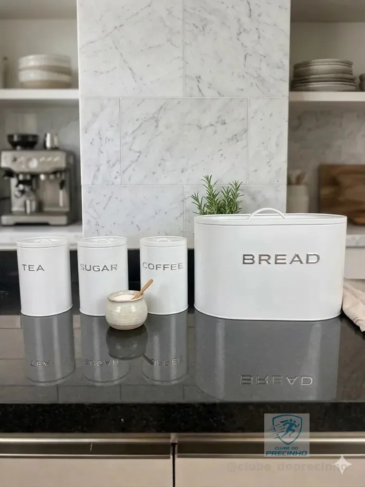 Kit Porta Mantimentos E Pão Branco Retrô 4 Peças Cozinha Branco Lisa