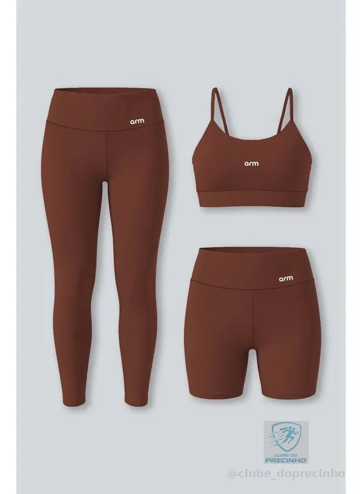 Kit Conjunto Fitness Legging E Short Powerslim + Top Alça Avelã Liso M - M